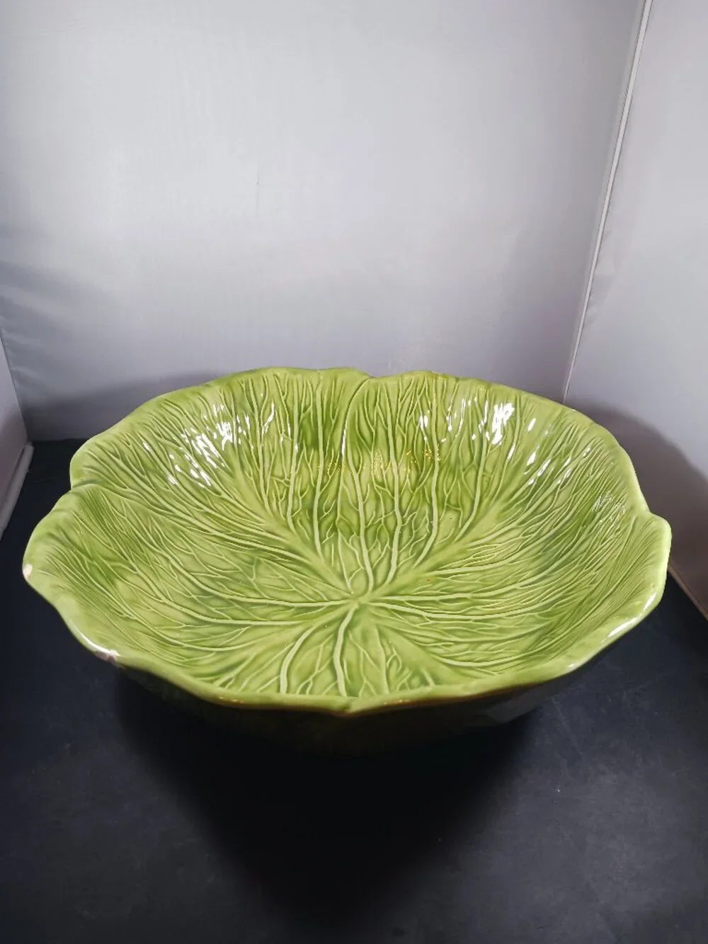 Vintage 70's Green Cabbage Leaf Serving Bowl Handmade Signed